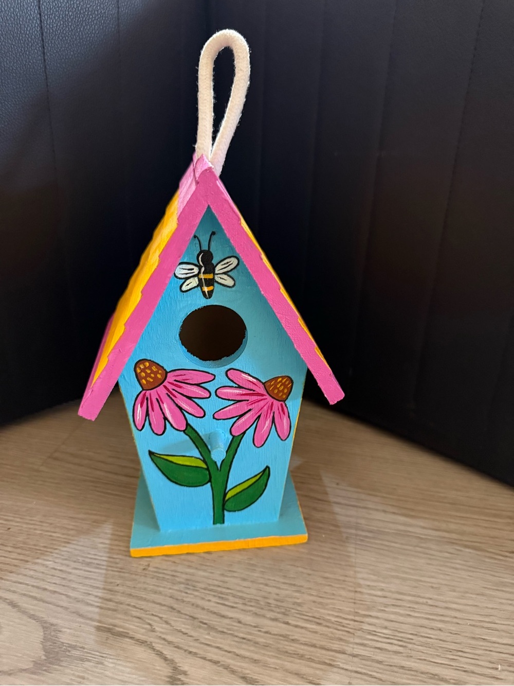 Hand-Painted Blue Birdhouse with Pink Roof & Floral Design